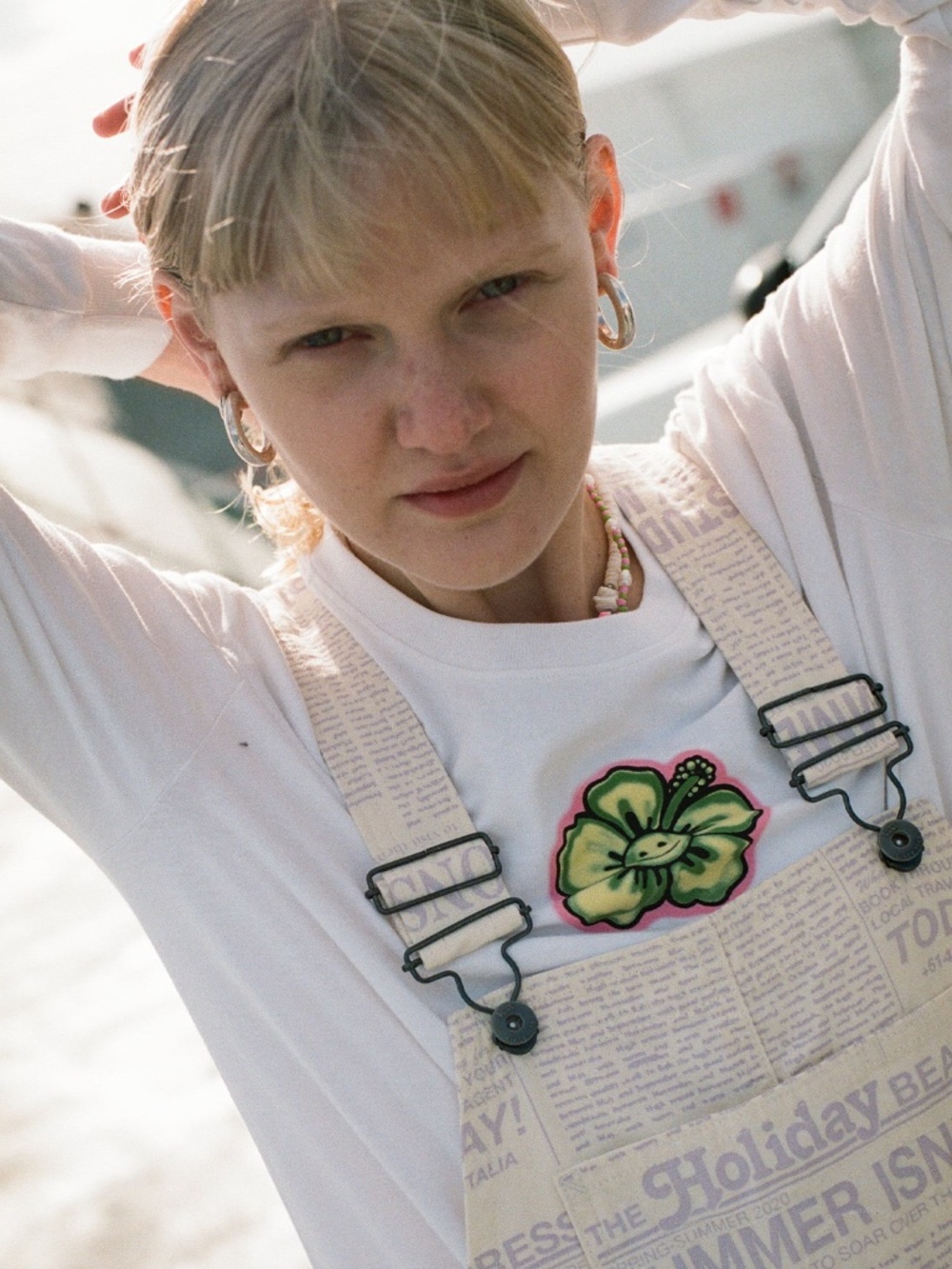 Vans x EM On Holiday Denim Overalls Women's M Cream Purple Newspaper Print - Picture 4 of 8